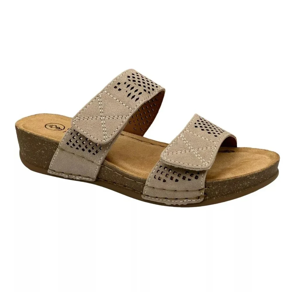 White Mountain Women's Wedge Leather Sandals Size 8 Taupe Adjustable Straps